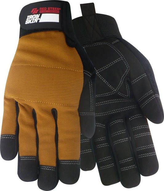 141 Ironskin Tradesman Synthetic Leather Palm Mechanics Glove, Velcro Wrist Strap, Brown/Black, Sizes M-XL