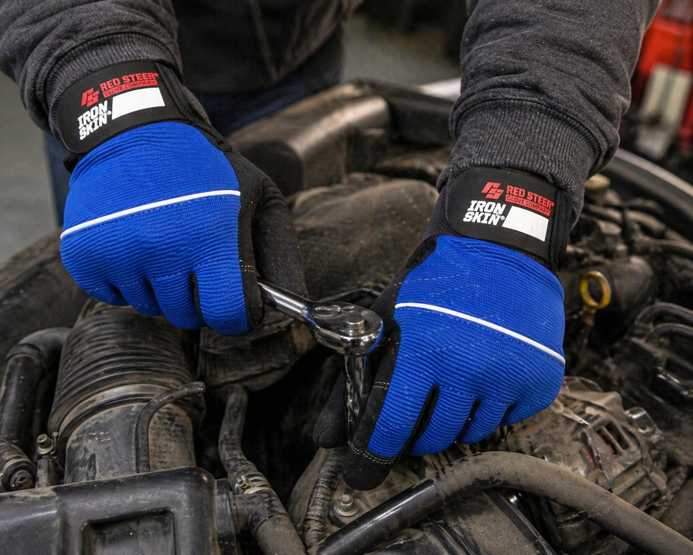 Red Steer 142 Ironskin Hi-Dex Mechanics Gloves – Double Palm, Velcro Wrist, Blue/Black (M–XL)