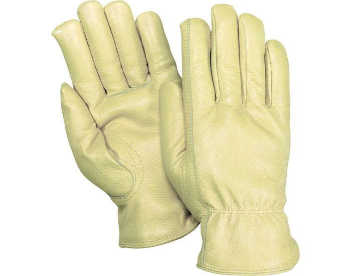 1555 TAN GRAIN COWHIDE DRIVER LEATHER PALM AND BACK, SHIRRED ELASTIC WRIST, SIZES S-XL