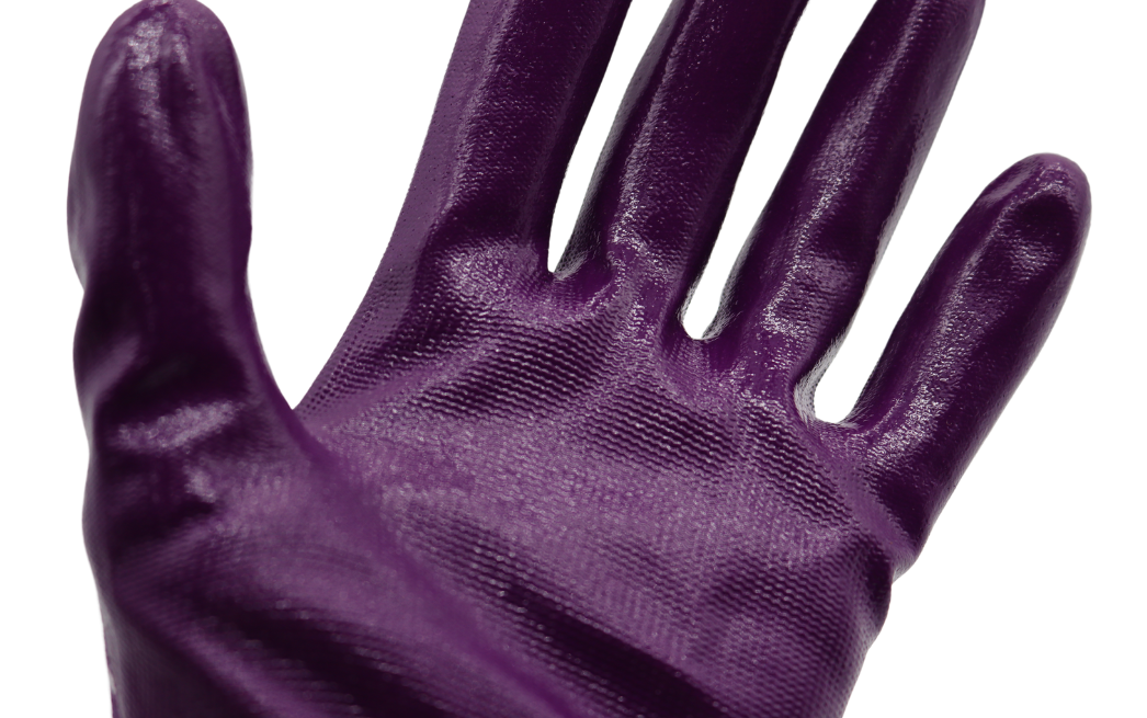 A208 FLOWERTOUCH® Clear Nitrile Bubbles Pink and Purple, Light Nylon Knit Liner, Sizes S-L, Sold by Pair