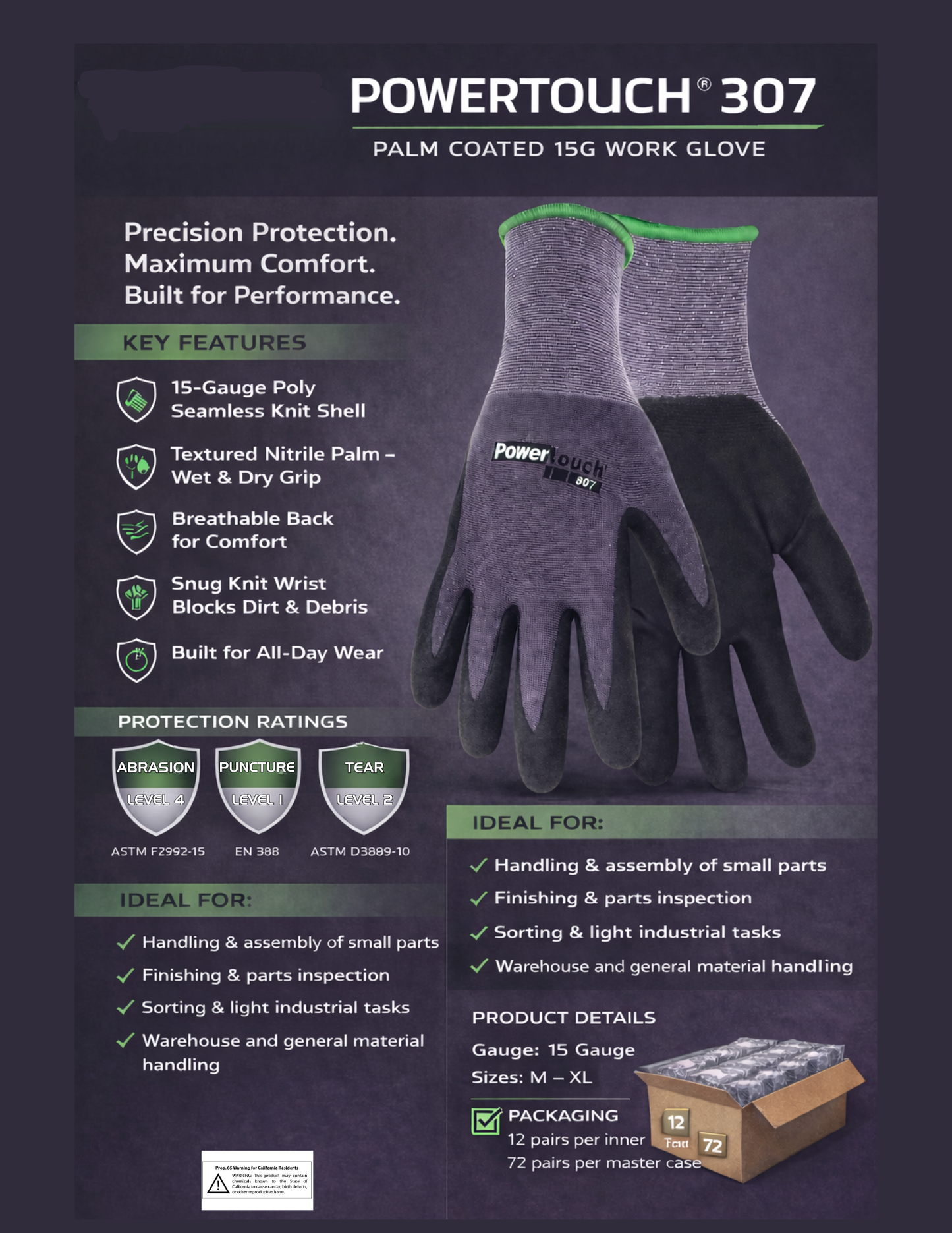 T307 POWERTOUCH Sandy Nitrile Breathable 13 Gauge Knit Shell, Snug Fit Wrist, Sizes S-XXL, Sold by Pair