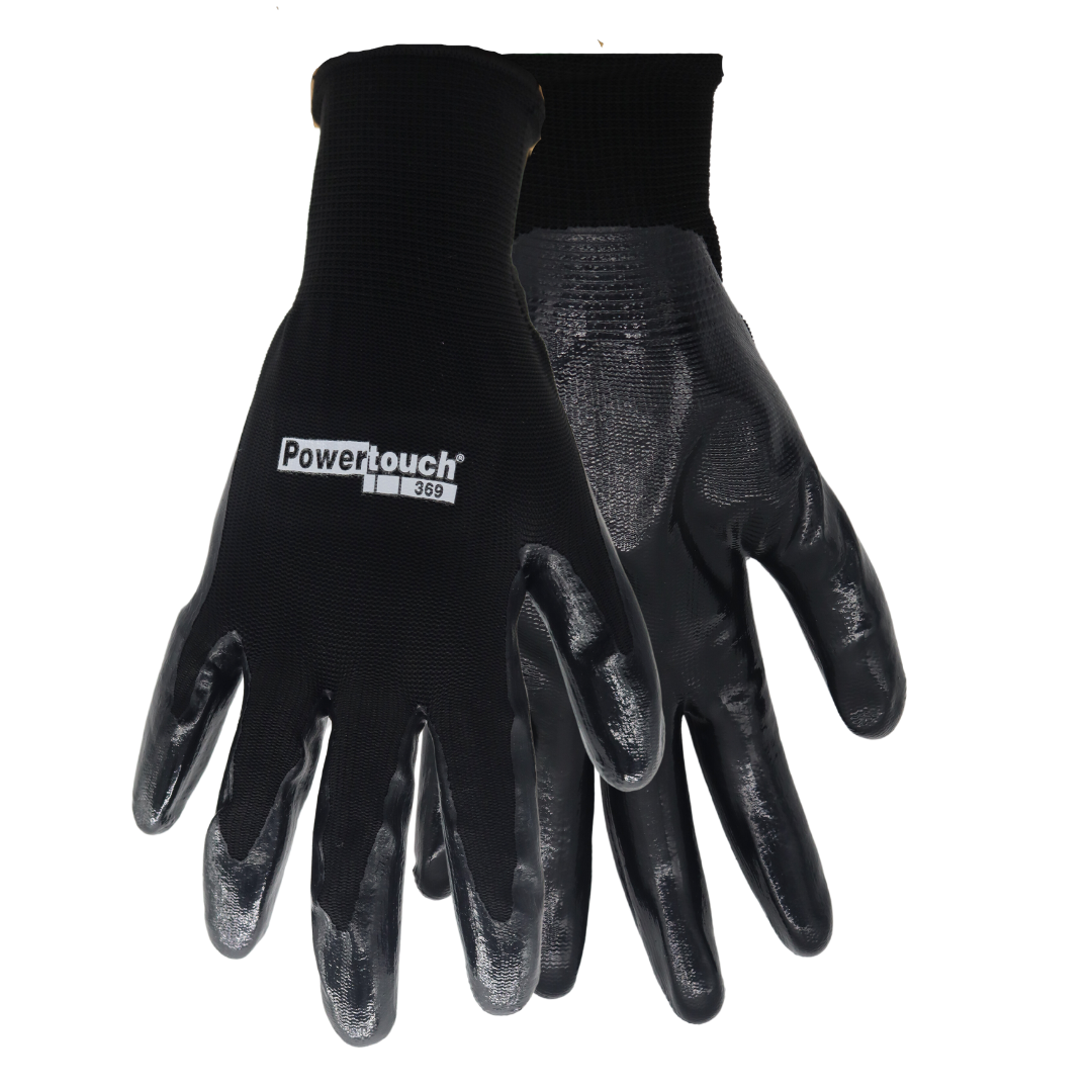 A369B Black Nitrile Palm Gloves – 13 Gauge Nylon Knit, Breathable Grip – Oregon Glove Company