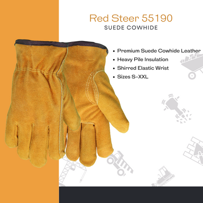 55190 Insulated Suede Cowhide Driver, Leather Palm and Back, Elastic Wrist, Sizes S-XXL, Sold by Pair