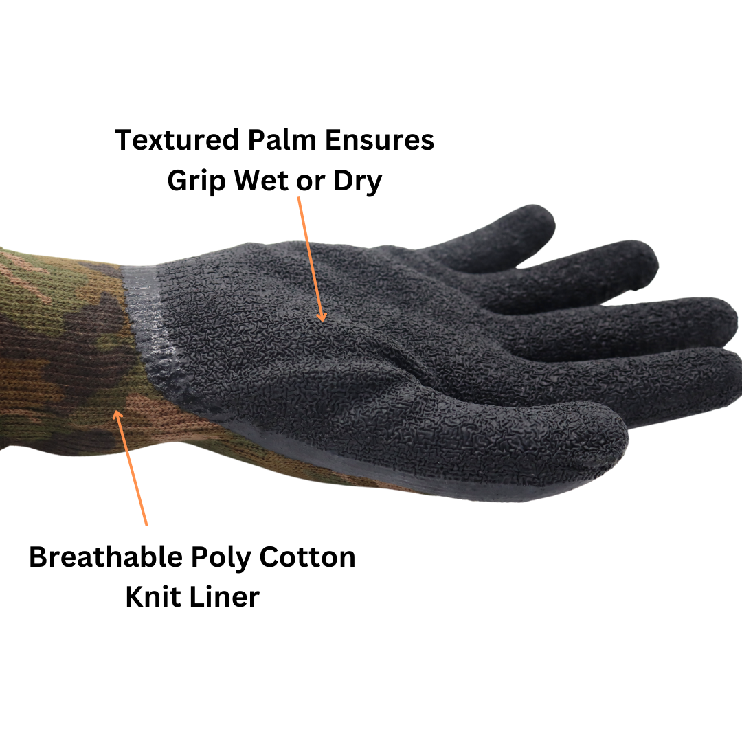 A302 Powergrip Rubber Palm 10 Gauge Gloves, Seamless Knit Liner, Camo Pattern, Sizes S-XL