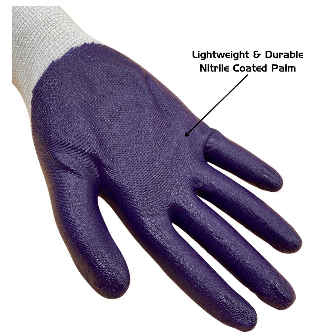 Red Steer A369P Nitrile Palm Gardening Gloves, Lightweight and Durable Nitrile Coated Palm, Form Fitting Seamless Knit Liner, White with Purple Palm