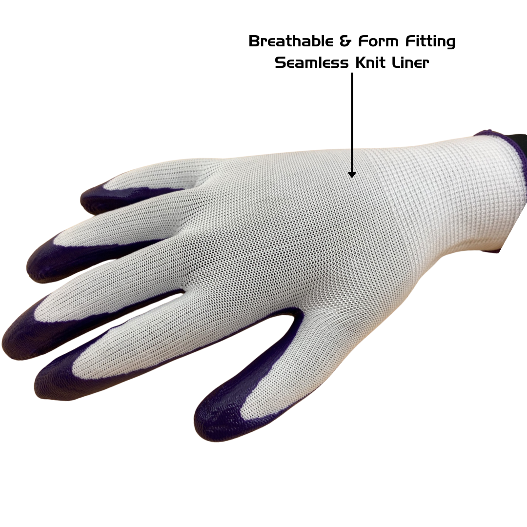 Red Steer A369P Nitrile Palm Gardening Gloves, Lightweight and Durable Nitrile Coated Palm, Form Fitting Seamless Knit Liner, White with Purple Palm