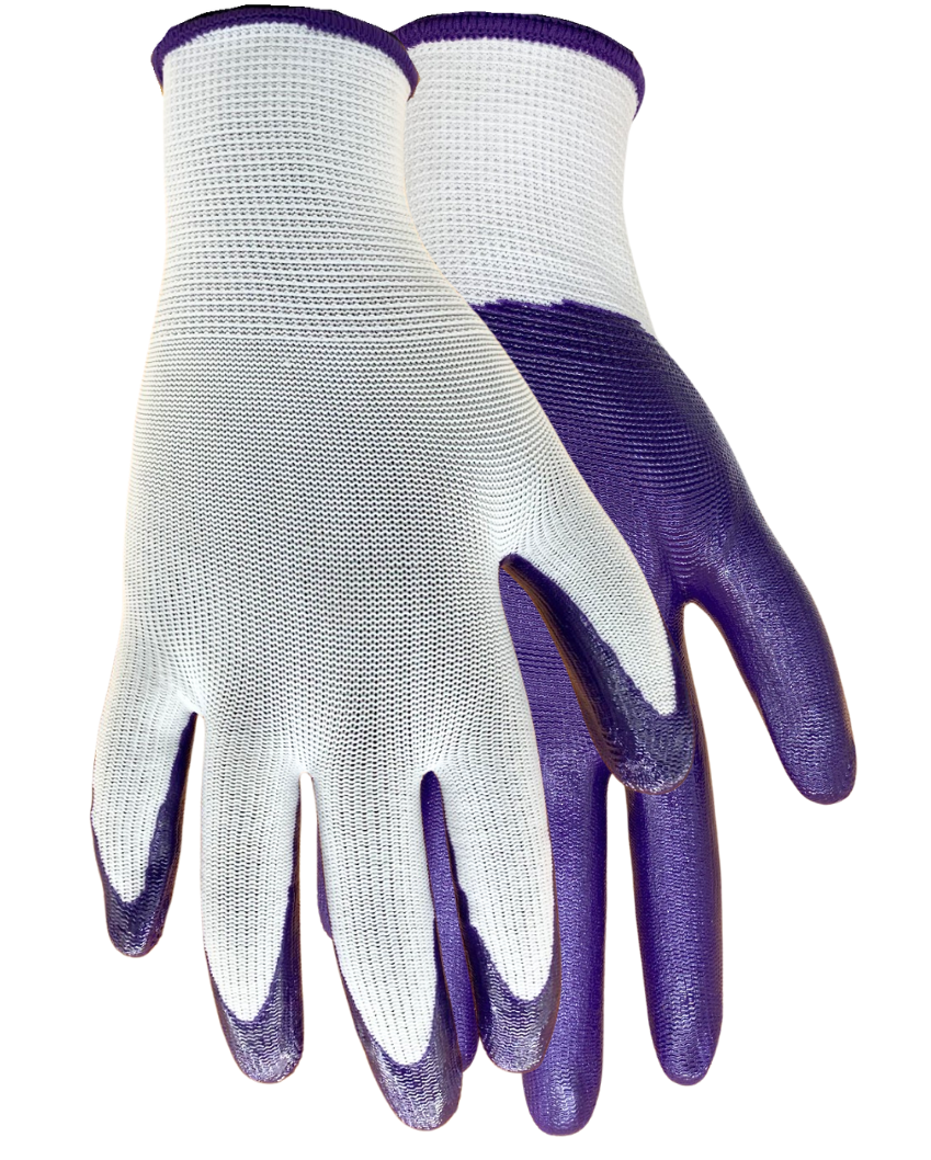 Red Steer A369P Nitrile Palm Gardening Gloves, Lightweight and Durable Nitrile Coated Palm, Form Fitting Seamless Knit Liner, White with Purple Palm