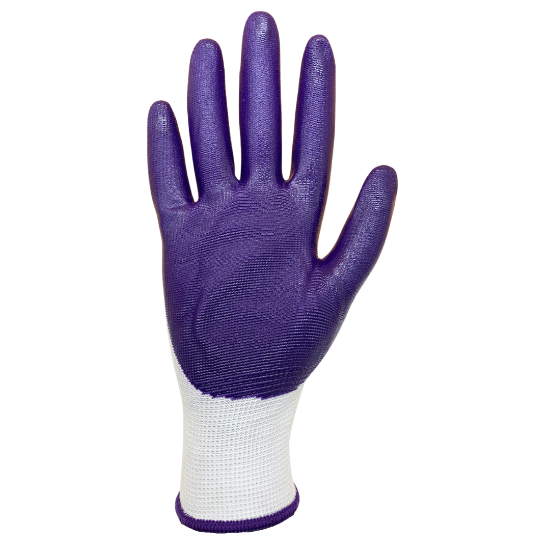 Red Steer A369P Nitrile Palm Gardening Gloves, Lightweight and Durable Nitrile Coated Palm, Form Fitting Seamless Knit Liner, White with Purple Palm