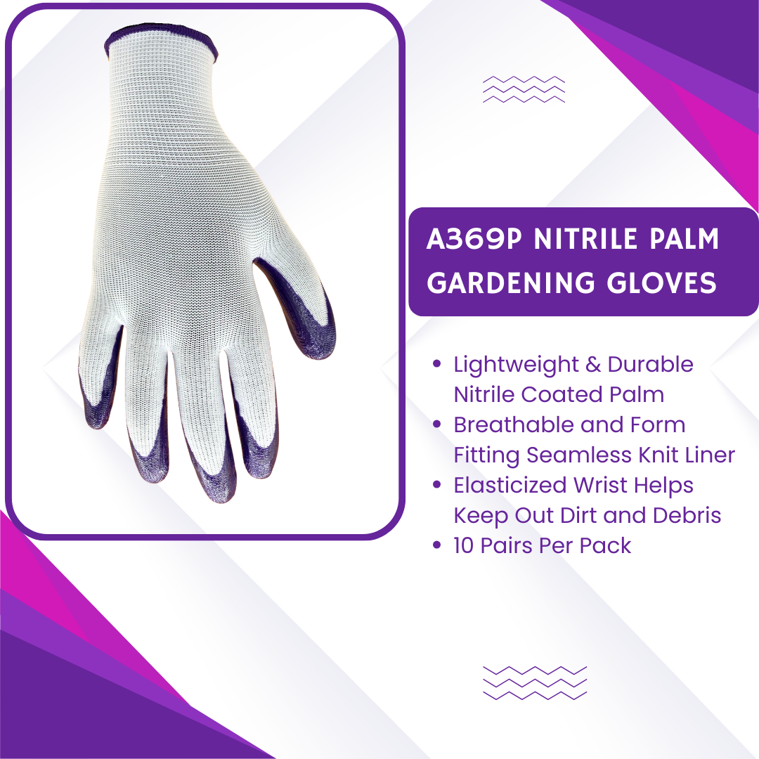 Red Steer A369P Nitrile Palm Gardening Gloves, Lightweight and Durable Nitrile Coated Palm, Form Fitting Seamless Knit Liner, White with Purple Palm