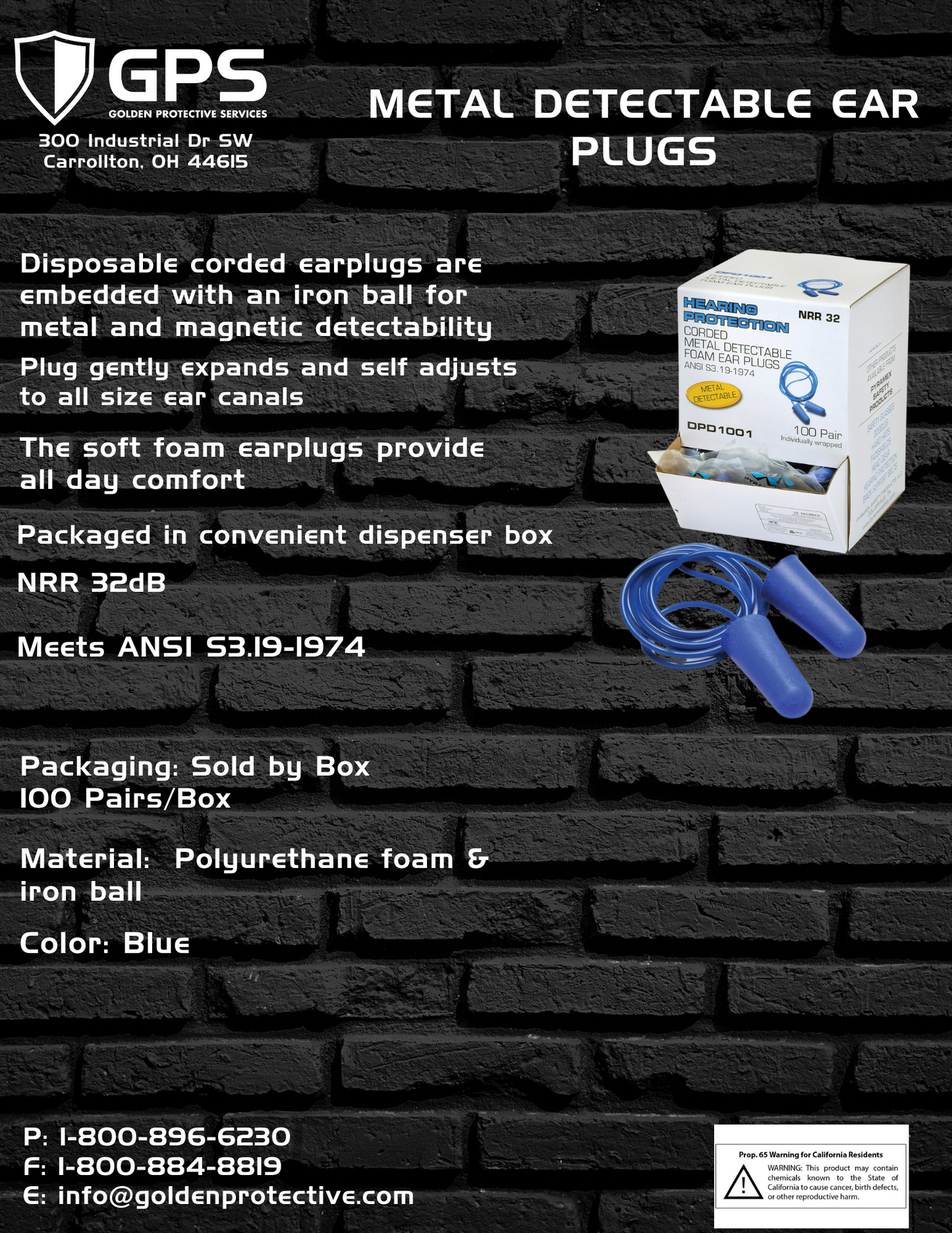 Blue Metal Detectable Ear Plugs, Corded - 100 Pair/Box