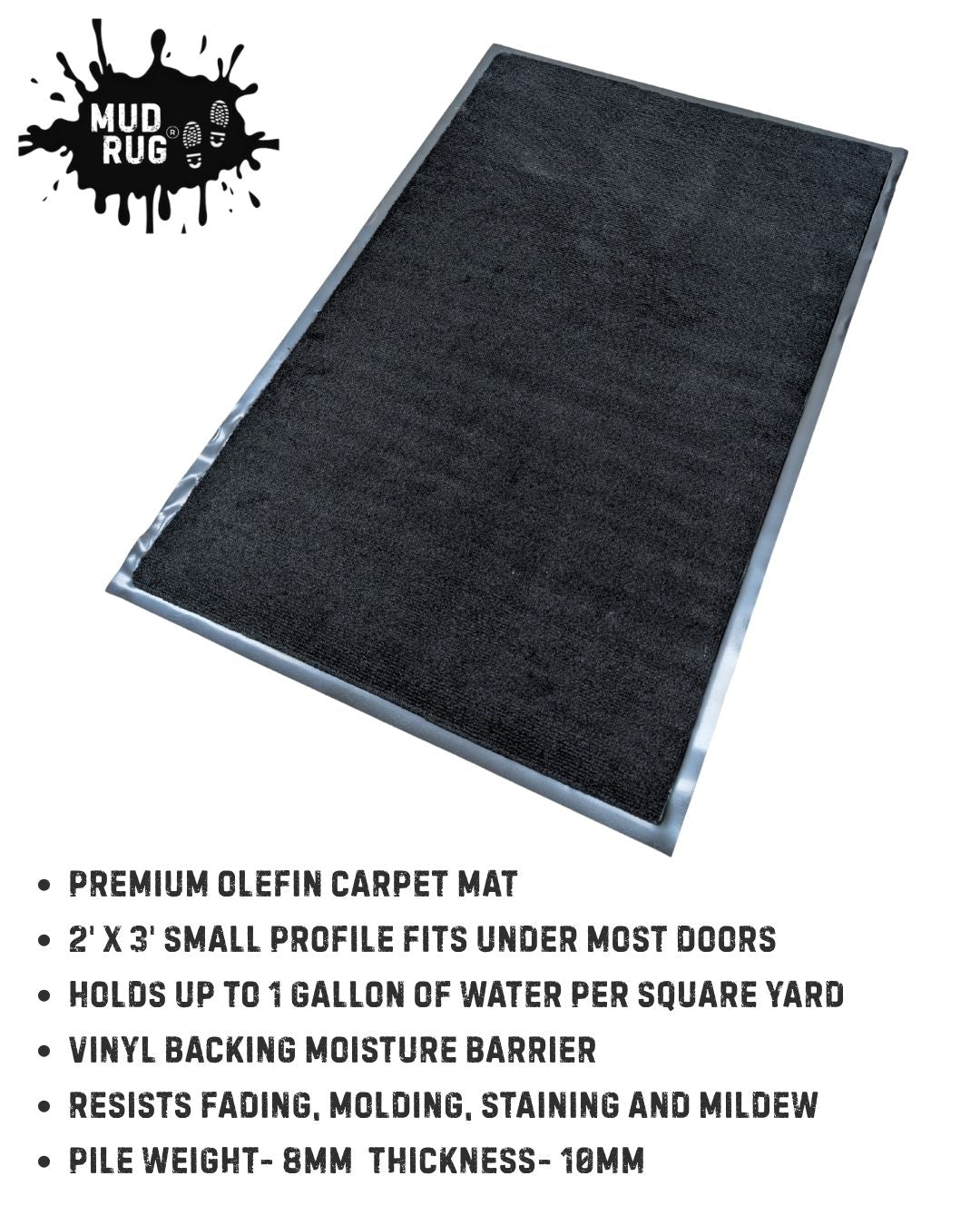 Mud Rug 2' x 3'Olefin Indoor Carpet Mats, Black, Vinyl Backing
