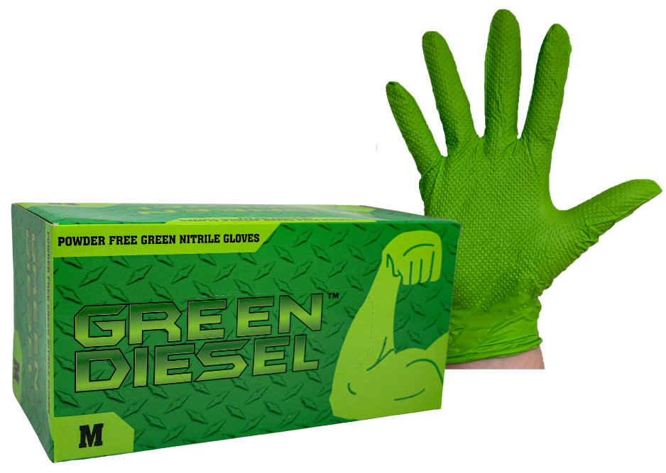 70004 The Green Diesel®, Powder Free Nitrile Disposable Gloves, 8 Mil, Sizes M-XXL