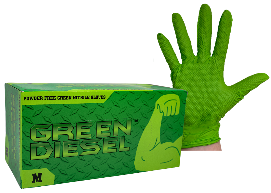 70004  The Green Diesel®, Powder Free Nitrile Disposable Gloves, 8 Mil, Sizes M-XXL