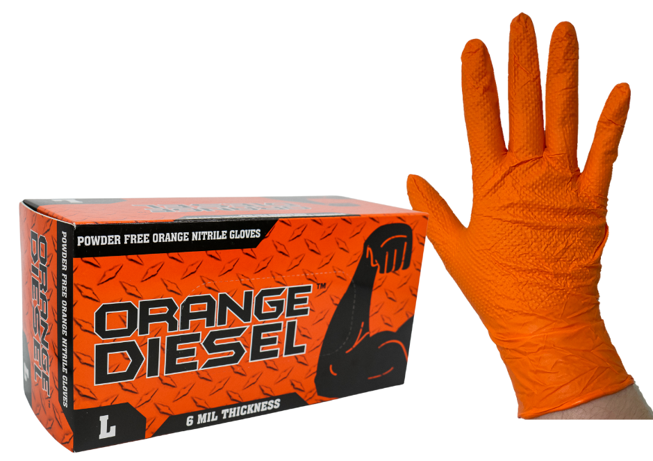 70003 The Orange Diesel®, Powder Free Nitrile Disposable Gloves, 6 Mil, Sizes M-XXL