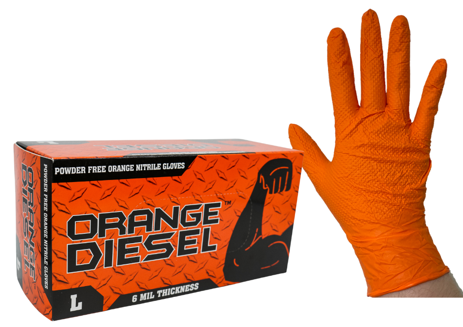 70003  The Orange Diesel®, Powder Free Nitrile Disposable Gloves, 6 Mil, Sizes M-XXL