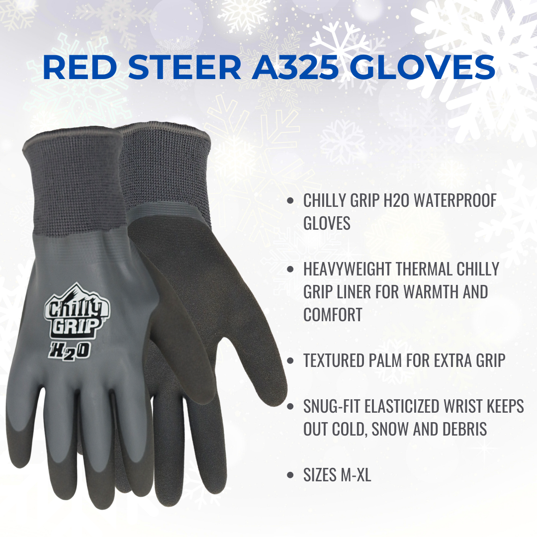 Chilly Grip Red Steer A325 H2O Waterproof Thermal Insulated Gloves, Gray, Snug-Fit Wrist, Textured Palm, Sizes S-XL