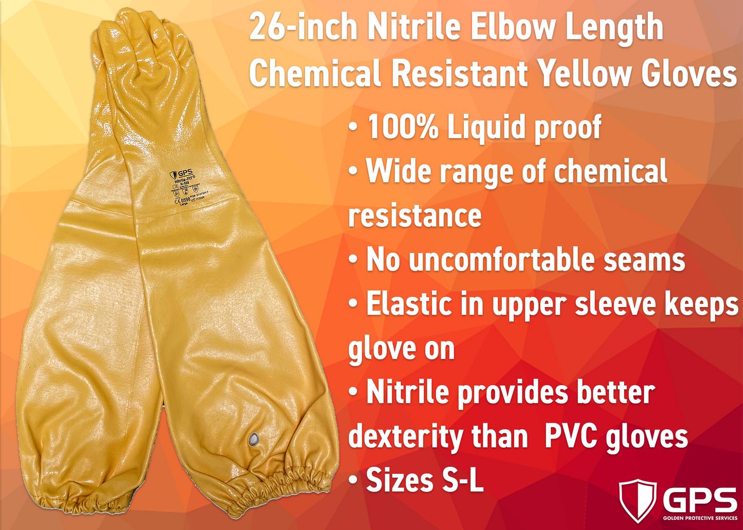 N-520  26-inch Nitrile Elbow Length Chemical Resistant Yellow Gloves, 100% Liquid Proof