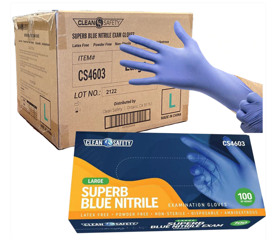 81000 Clean Safety SuperB Blue Nitrile Exam Gloves, Powder Free, Latex Free, Non-Sterile, 4 Mil, Sizes M-XL