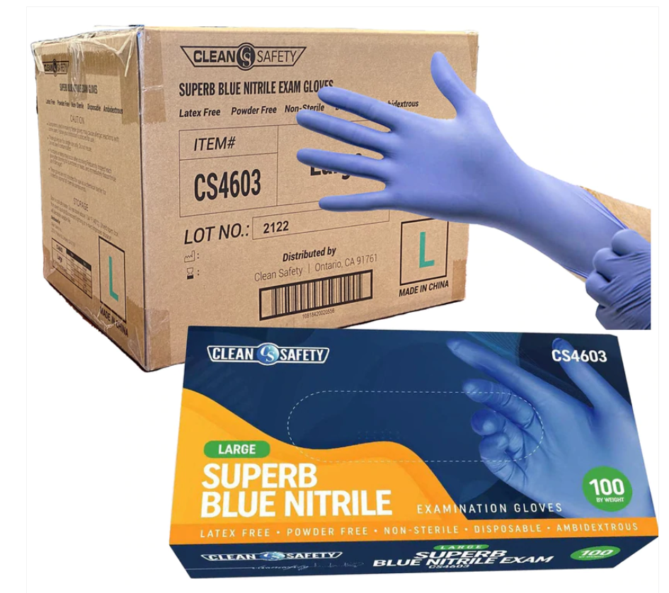 81000   Clean Safety SuperB Blue Nitrile Exam Gloves, Powder Free, Latex Free, Non-Sterile, 4 Mil, Sizes M-XL