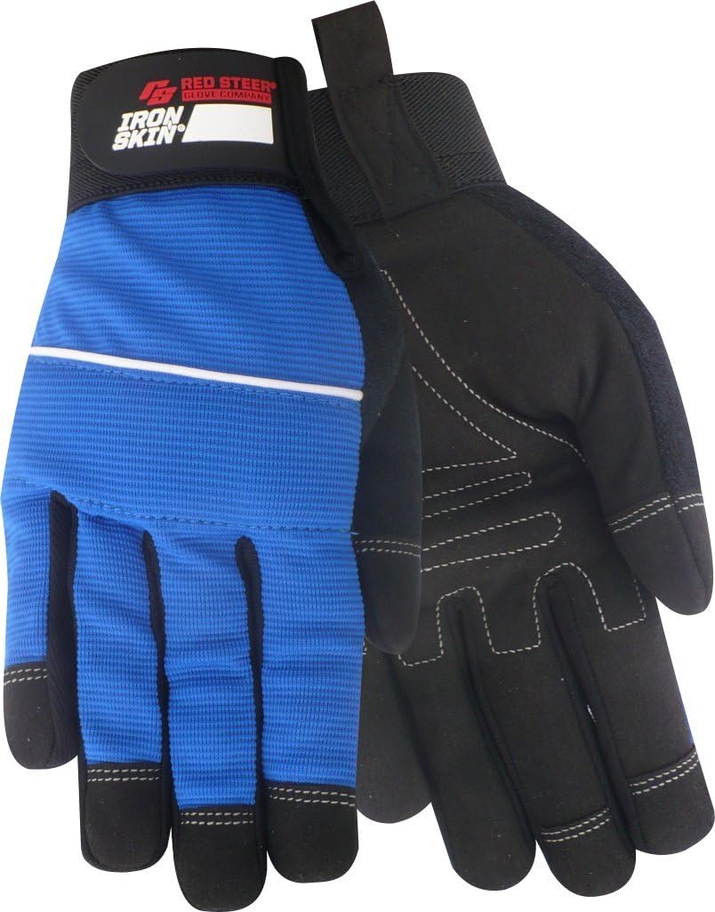 142 Red Steer Ironskin Hi-Dex Mechanics Glove, Velcro Wrist Strap, Blue/Black, Sizes M-XL, Sold by Pair