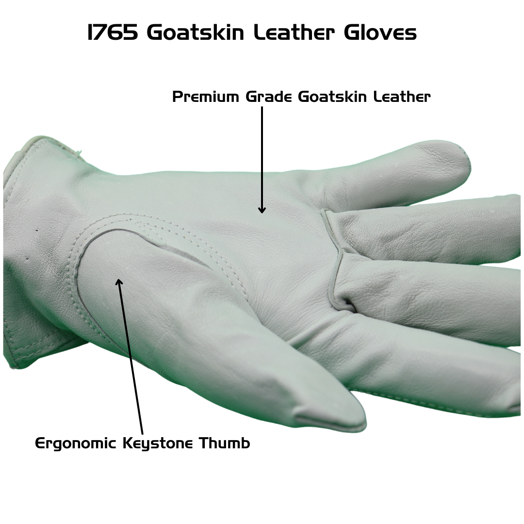 1765 Red Steer Premium Grade Goatskin Leather Gloves, Keystone Thumb, Shirred Elastic Wrist, Sizes XS-XL, Sold by Pair