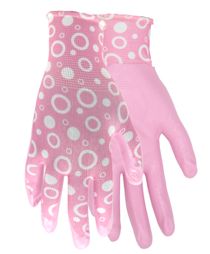 TA208 FLOWERTOUCH® Clear Nitrile Bubbles Pink and Purple, Light Nylon Knit Liner, Sizes S-L, Sold by Pair
