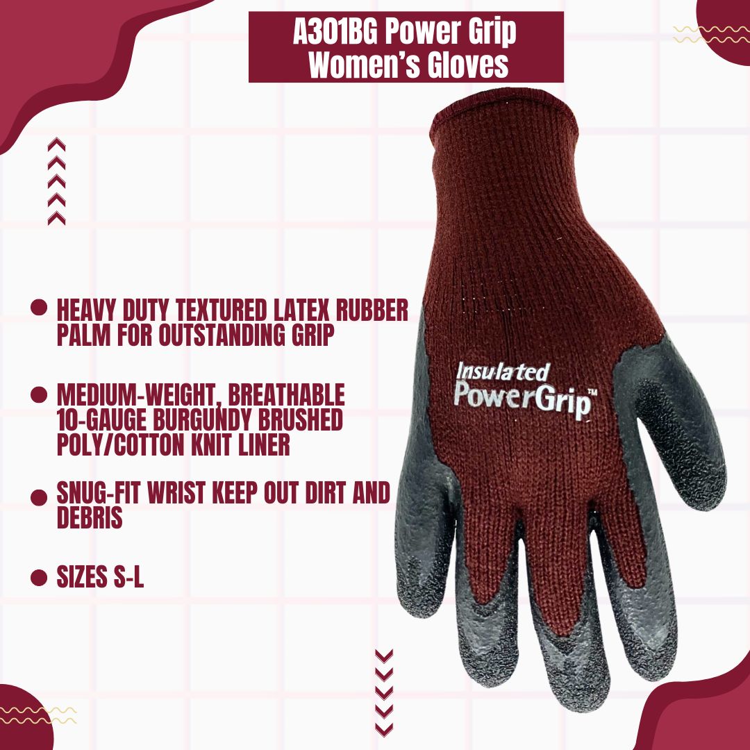 TA301BG Insulated Powergrip Women's Gloves, 10 Gauge Burgundy, Sizes S-L, Sold by Pair