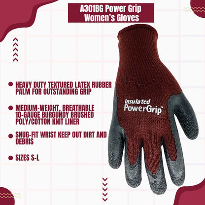 TA301BG Insulated Powergrip Women's Gloves, 10 Gauge Burgundy, Sizes S-L, Sold by Pair