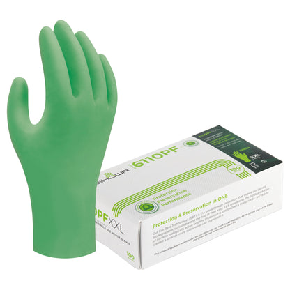 6110PF Showa Chemical Protection Nitrile Gloves, Green, Powder & Latex Free, 100 Gloves Per Box, Sizes S-XL
