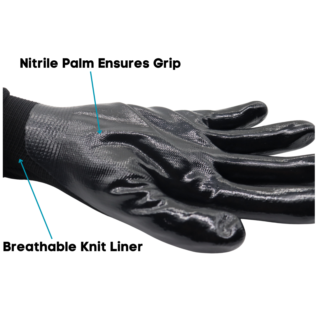 A369B Black Nitrile Palm Gloves – 13 Gauge Nylon Knit, Breathable Grip (Pair or Dozen)