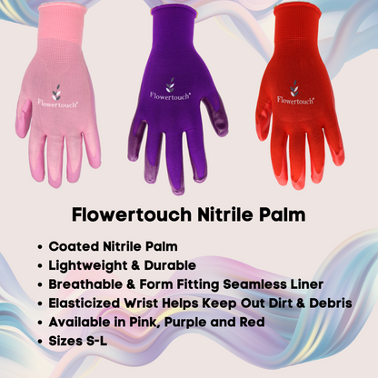 Red Steer A369 Flowertouch Lawn & Garden Gloves, Nitrile Palm, Pink, Purple or Red, Sizes S-L, Sold by Pair