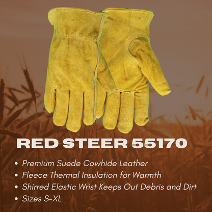 55190 Insulated Suede Cowhide Driver, Leather Palm and Back, Elastic Wrist, Sizes S-XXL