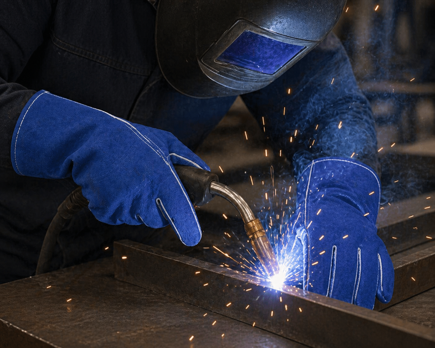 Blue Cowhide Welder Gloves – Kevlar® Stitching, Foam Lined, Reinforced Palm (S–XL)