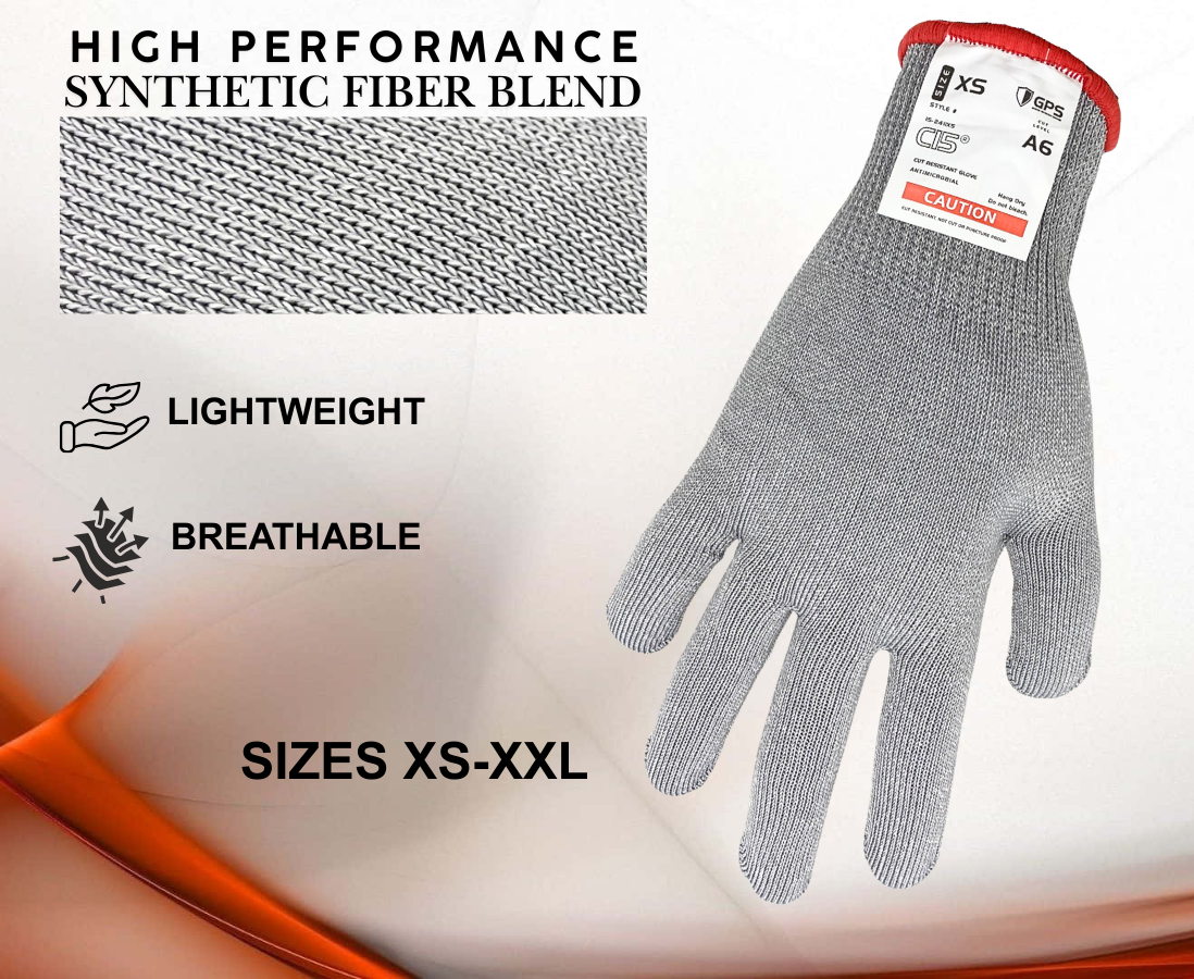 C15 Gray Cut Resistant Gloves, 15 Gauge Cut Resistant, Cut Level A6, 21 CFR for Food Contact, Sold by Pair, Sizes XS-XXL