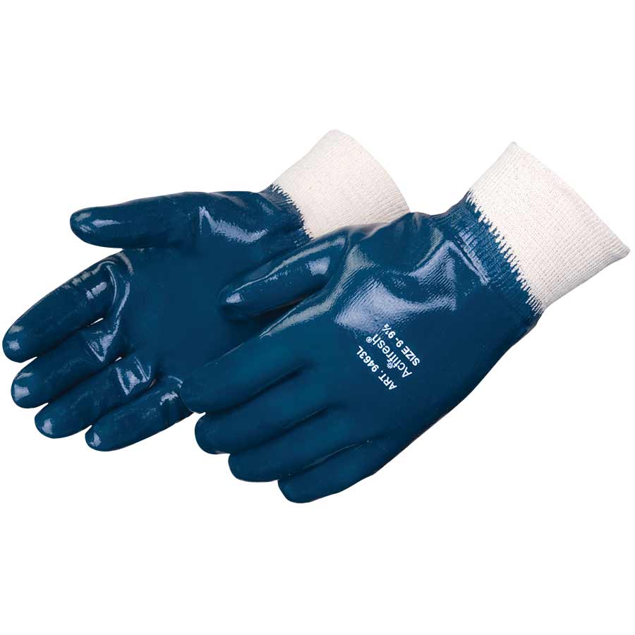 9463SP Smooth Finish Blue Nitrile Jersey Lined Gloves, Knit Wrist, Fully Coated, Sizes S-L