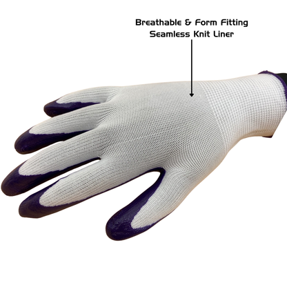 Red Steer A369P Nitrile Palm Gardening Gloves, Lightweight and Durable Nitrile Coated Palm, Form Fitting Seamless Knit Liner, White with Purple Palm