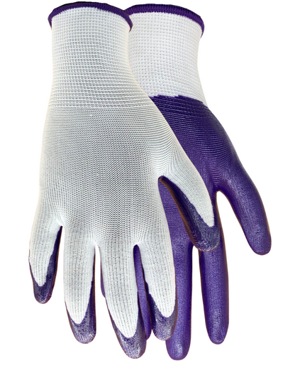 Red Steer A369P Nitrile Palm Gardening Gloves, Lightweight and Durable Nitrile Coated Palm, Form Fitting Seamless Knit Liner, White with Purple Palm