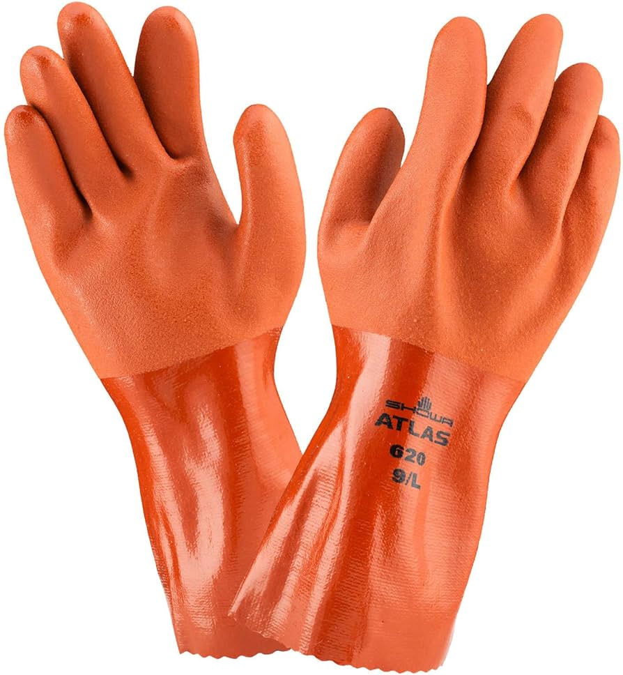 ATL620 Showa Atlas PVC Coated Heavy Duty Liquid & Chemical Resistant Gloves, Orange, Sizes S-XXL