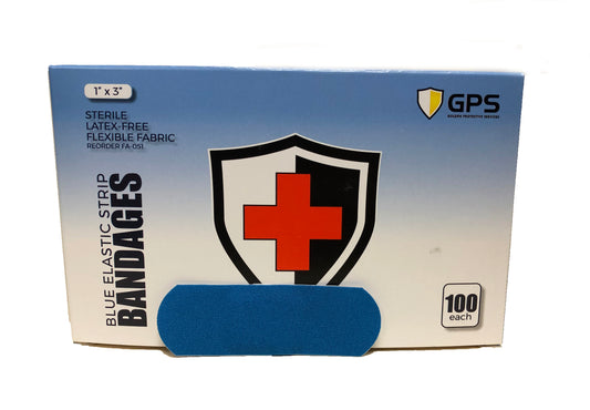 Blue Elastic Strip Bandages, 1" x 3", Flexible Fabric, 100 Per Box