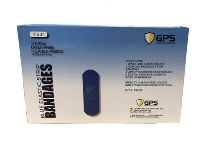 Blue Elastic Strip Bandages, 1" x 3", Flexible Fabric, 100 Per Box