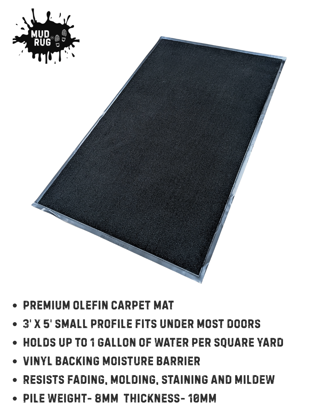 Mud Rug 3' x 5'Olefin Indoor Carpet Mats, Black, Vinyl Backing
