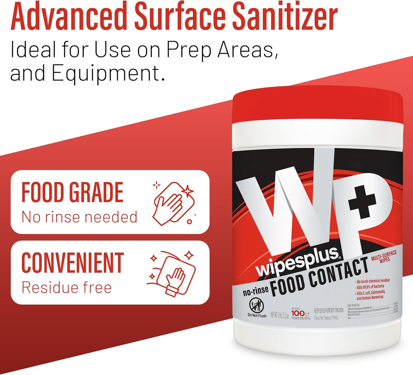 WIPESPLUS Cleaning Wipes All Purpose Food Contact - No Rinse, No Residue, Quick Dry Formula, Disinfecting Wipes For Restaurants, Foodservice, Schools - Canister, 100 Count