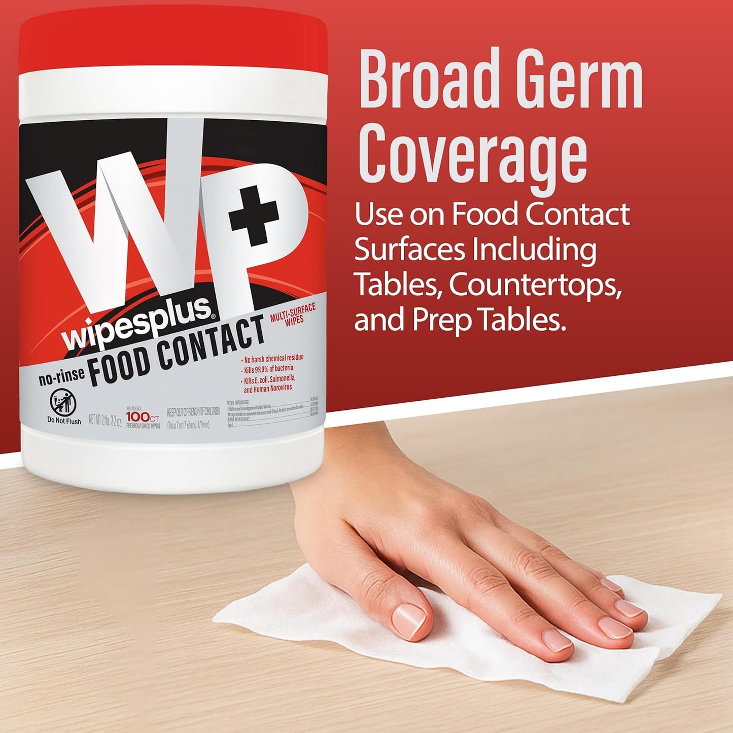 WIPESPLUS Cleaning Wipes All Purpose Food Contact - No Rinse, No Residue, Quick Dry Formula, Disinfecting Wipes For Restaurants, Foodservice, Schools - Canister, 100 Count