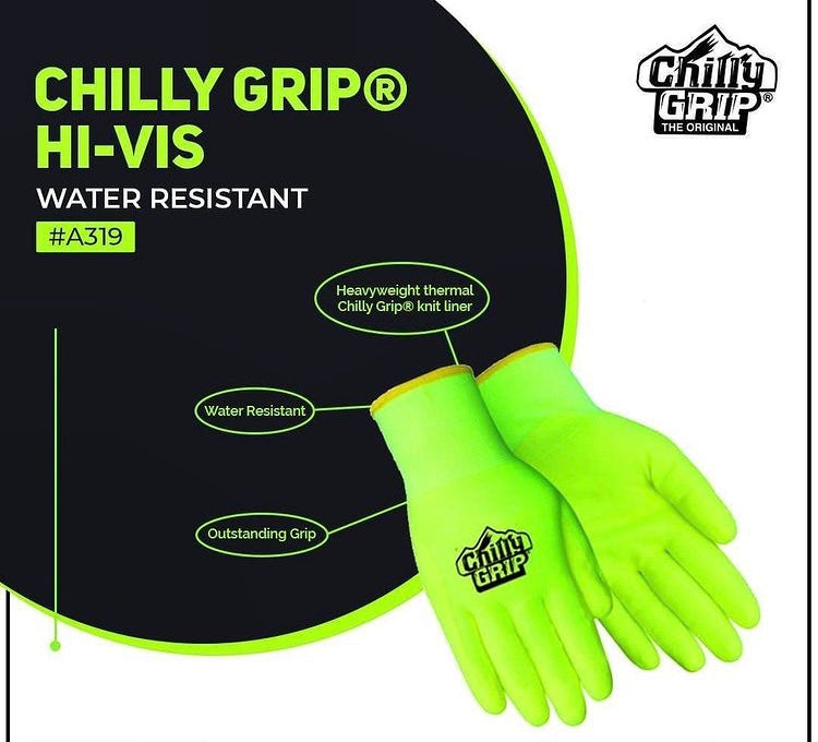 T319 Chilly Grip Water Resistant Hi-Vis Thermal Gloves, Sizes M-XXL, Sold by Pair