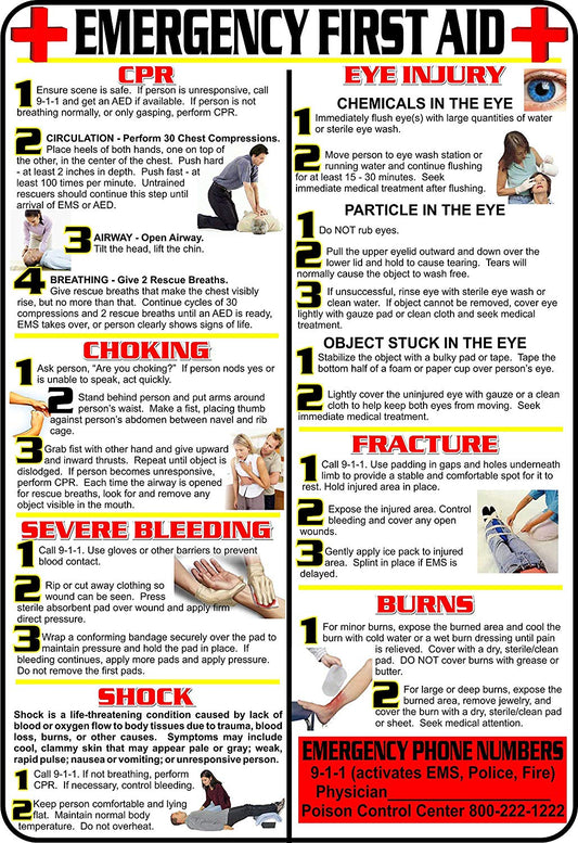 First Aid and Choking Poster, 11' x 17", Laminated, Includes CPR, Shock, Eye Injury, Fracture, Burns, Severe Bleeding & Choking