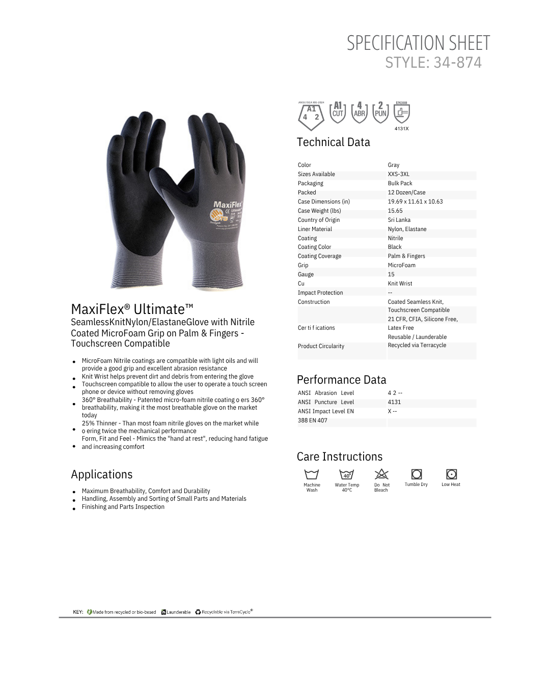 MaxiFlex Ultimate 34-874 Nitrile Coated Micro Foam Grip Gloves, Cut Resistant, Sizes M-XL