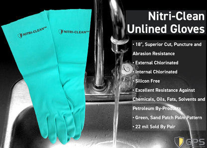 Nitri-Clean Green Nitrile, 22 Mil, 18" Length, Unlined Gloves, Chemical Resistant, Sizes S-XXL