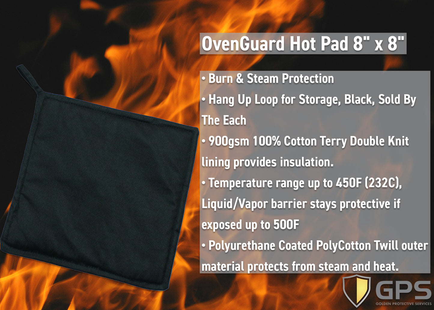 Hot Pad 8" x 8", Burn and Steam Protection, 500 Degree Temp Rating, Hang Up Loop, Black, Sold by The Each
